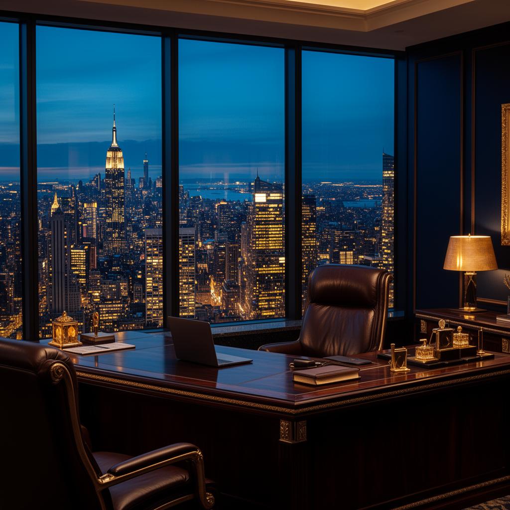 Executive office overlooking a city skyline at dusk